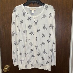 Loft size S lightweight white cotton cardigan w/gray floral print